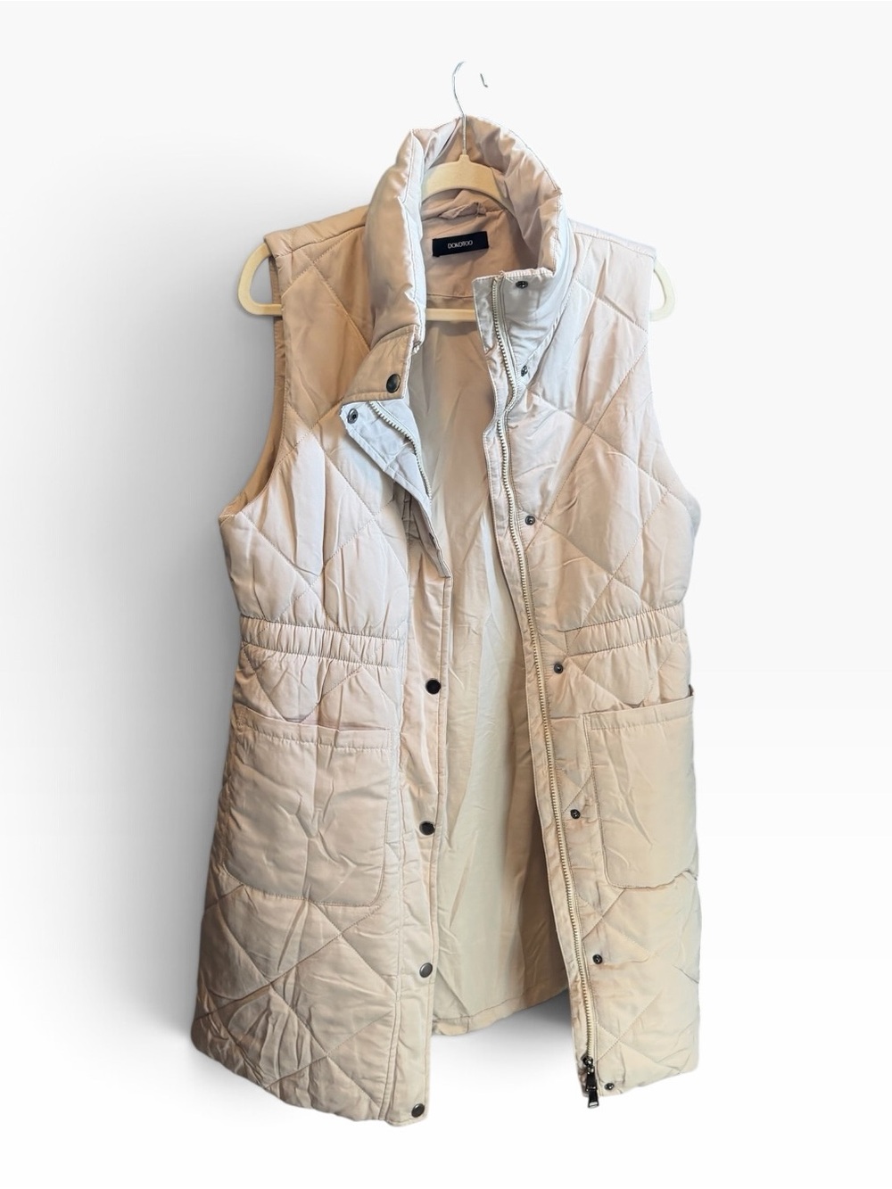 Dokotoo Cream Quilted Long Puffer Vest with Stand Collar